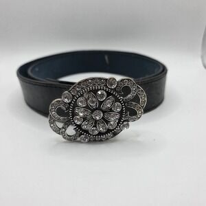 Classico Italia Black Leather Rhinestone Filigree Buckle Belt Womens XL 39-42